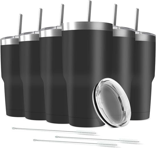 30oz Stainless Steel Travel Mug with Lid, 6 Pack Double Wall Vacuum Insulated Bulk Tumbler with 6 Straws, Powder Coated Coffee Cup Suitable for Vehicle Cup Holders(Black)