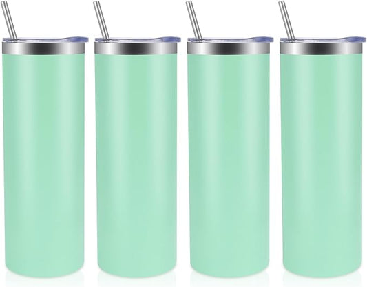 Volhoply 4 Pack Skinny Tumblers with Lid and Straw, 20oz Stainless Steel Straight Tumbler Bulk, Vacuum Insulated Coffee Mug for Home, Office, Travel, DIY (Mint,4 Pack)