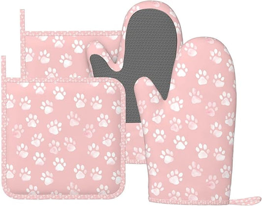 Oven Mitts and Pot Holders Pastel Pink Dog Paw Pattern Silicone Kitchen Accessories Set of 4 Heat Resistant Long Gloves Potholder Non-Slip Grip for Chef Baking Cooking Grilling BBQ