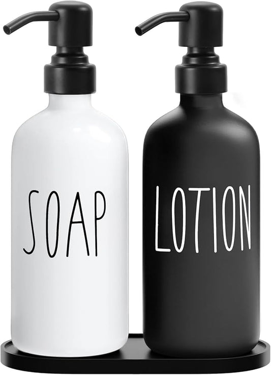 MOMEEMO Glass Soap Dispenser with Stainless Steel Pump, Contains Lotion Dispenser, Hand Soap Dispenser & Tray. (Black & White)