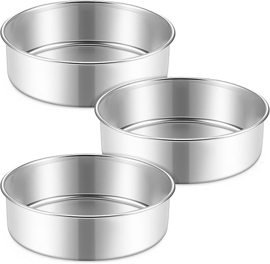 P&P CHEF 7 Inch Cake Pan Set of 3, 3 Pieces Round Layer Cake Baking Pans, Stainless Steel Smash Cake Tin Bakeware for Cooking Steaming, Nontoxic & Sturdy, Oven & Dishwasher Safe