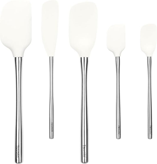 Tovolo Stainless Steel Handled Silicone Spatula Set of 5 White, Dishwasher Safe Kitchen Spatula Set for Cooking Baking, Non Toxic BPA Free Silicone Spatula set with Metal Steel Handle