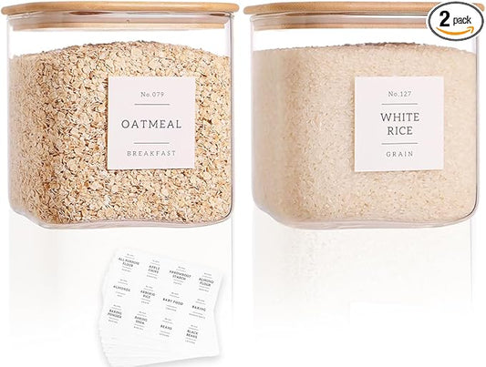 2 Pack Square Glass Flour and Sugar Containers with 132 Kitchen Pantry Labels - Thicken 85 FL OZ Large Glass Storage Jars with Airtight Bamboo Lid - Big Food Canisters for Cookies, Candy, Tea, Coffee