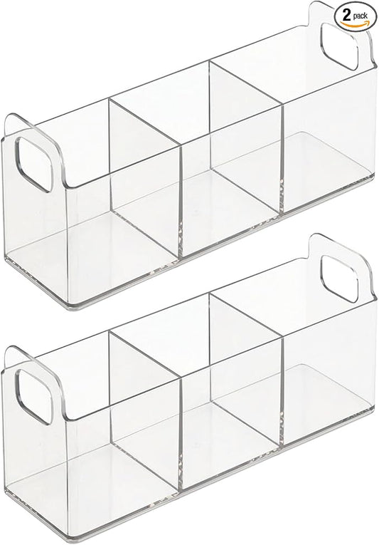 mDesign Plastic Condiment Organizer and Tea Bag Holder - 3-Compartment Kitchen Pantry/Countertop Storage Caddy - Divided Chip, Snack, Oatmeal Packet Holder - Lumiere Collection - 2 Pack, Clear