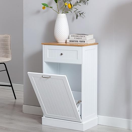 Gitua Tilt Out Trash Cabinet, Freestanding Wooden Kitchen Trash Recycling Cabinet with Drawer & Removable Cutting Board, Dog Proof Trash Can Cabinet, White
