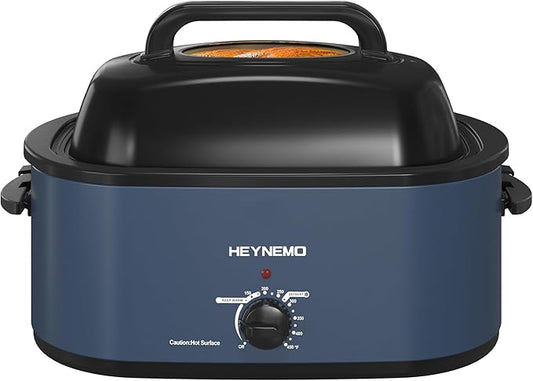 28 Quart Electric Roaster Oven with Visible & Self-Basting Lid, Large Turkey Roaster with Defrost Warm Function, Adjustable Temperature, Removable Pan Rack, Stainless Steel, Blue