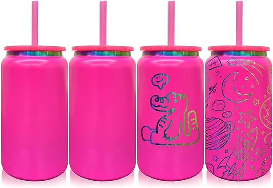 4 Pack Glass Cups with Lids and Straws, 16 oz Stainless Steel Cups, Insulated Skinny Tumbler, Powder Coated Travel Tumblers for Laser Engrave, Iced Coffee Cup for Smoothie Water DIY Gift(Rosy,4 pack)