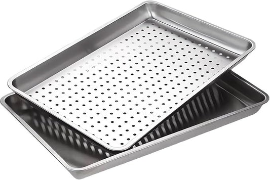 2-Pack Large 304 Stainless Steel Baking Pan Set (19.5"x13.5") - Non-Toxic Heavy Duty Commercial Grade Deep Sheet Pan, 1 Solid & 1 Perforated Pans for Roasting, Defrosting, Draining, Cooling