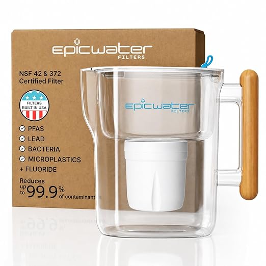 Epic Pure XP Water Filter Pitcher with Advanced CoreXchange™ Filter | NSF Certified | Removes PFAS, Lead, Chlorine & More | BPA-Free | Made in USA (White & Bamboo)