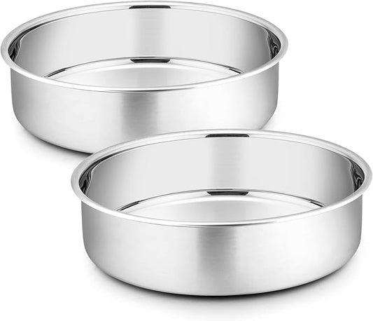 P&P CHEF 8 Inch Cake Pan Set of 2, Stainless Steel Round Baking Layer Cake Pans, Non Toxic & Healthy, Leak-proof & Easy Clean, Mirror Finish & Easy Releasing, Oven & Dishwasher Safe