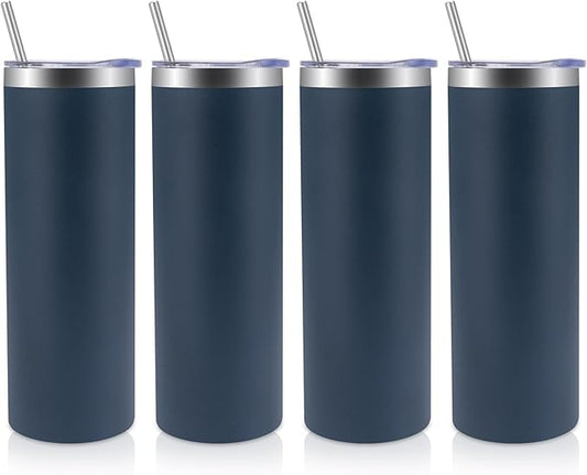 Volhoply 4 Pack Skinny Tumblers with Lid and Straw, 20oz Stainless Steel Straight Tumbler Bulk, Vacuum Insulated Coffee Mug for Home, Office, Travel, DIY (Navy,4 Pack)