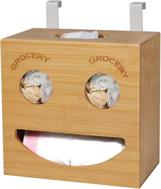 2-in-1 Trash Bag Dispenser & Grocery Bag Holder with Hanger for Standard Trash Bag Rolls, Trash Bag Storage Holder Organizer for Garbage Bags, Hang Over the Door and Wall Mounted