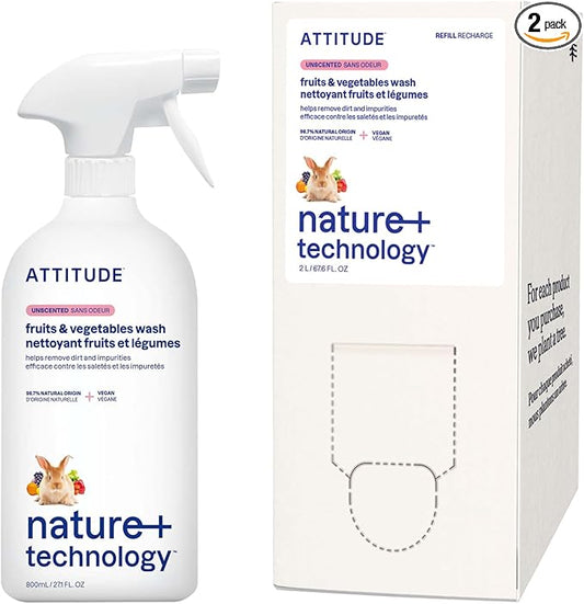 Bundle of ATTITUDE Fruit and Vegetable Wash, Removes Wax, Dirt and Impurities, Plant- and Mineral-Based, Vegan, Unscented, 27.1 Fl Oz + Bulk Refill, 67.6 Fl Oz