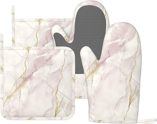 Oven Mitts and Pot Holders Light Pink White Marble Silicone Kitchen Accessories Set of 4 Heat Resistant Long Gloves Potholder Non-Slip Grip for Chef Cooking Baking Grilling BBQ