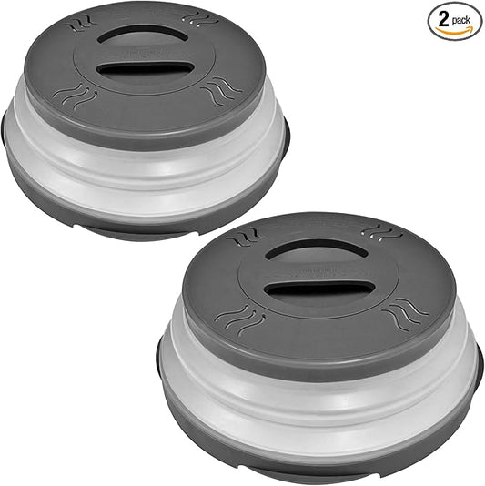 HOVER COVER 2 PACK Magnetic Microwave Splatter Cover with High Power, Strongest Magnetic Grip, Collapsible 12-Inch BPA-Free Food Lid, Vented Plate Guard, Dishwasher Safe, Space-Saving Storage - Gray