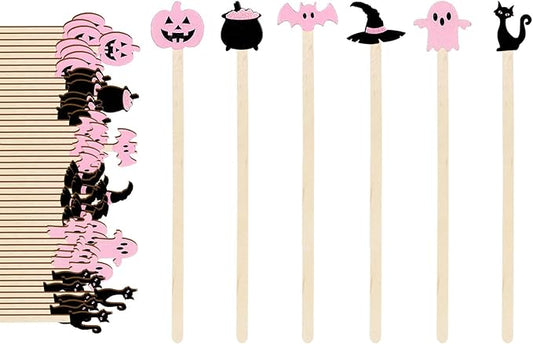JarThenaAMCS 120Pcs Halloween Coffee Stirrers Disposable Pink Black Ghost Bat Cat Pumpkin Stir Sticks Wooden Drink Stirrer for Hot Chocolate Milkshake Restaurant Home Office
