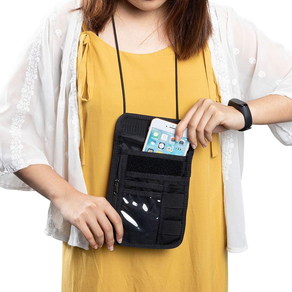 EXCELLENT ELITE SPANKER Passport Holder Nylon Neck Pouch RFID Blocking Travel Neck Wallet ID Card Organizer Pouch with Neck Lanyard(Black)