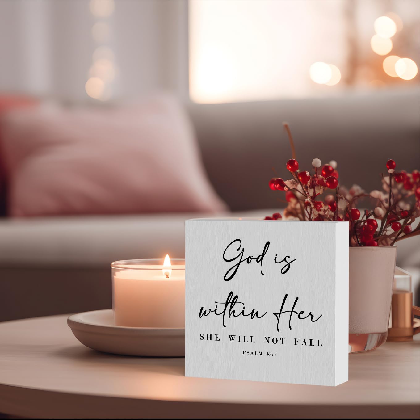 God is within Her Bible Verse Artwork Wood Box Sign Rustic Farmhouse Style Psalm 46 : 5 Christian Wood Block Plaque 5 X 5 Inches Home Office Desk Sign Decor for Presents