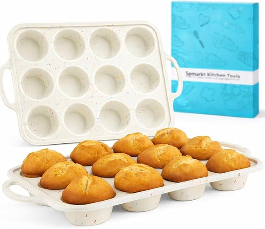 2-Pack 12-Cup Silicone Cupcake Pan, Nonstick Flexible Muffin Pan, Dishwasher Safe Muffin Tray with Handles, Seamless Silicone Muffin Tin for Baking Egg Bites & Cupcakes