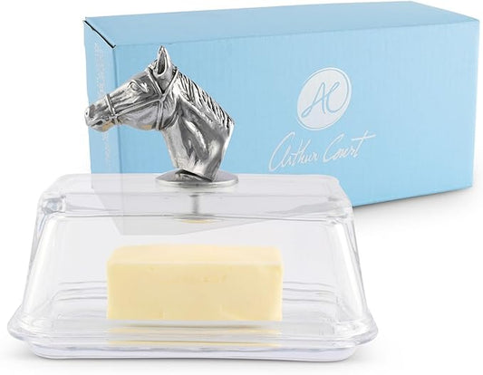 Arthur Court Glass Butter Dish with Lid Horse Head Knob | Classic 2-Piece Design Covered Butter Keeper | Covers and Holds a Standard Stick of Butter | Equestrian Farm Horse Décor