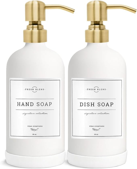 Vine Creations White Glass Soap Dispenser, 2 Pack Kitchen Soap Dispenser Set with Stainless Steel Pump, 16 oz Dish Soap and Hand Soap Dispensers for Bathroom with Waterproof Labels