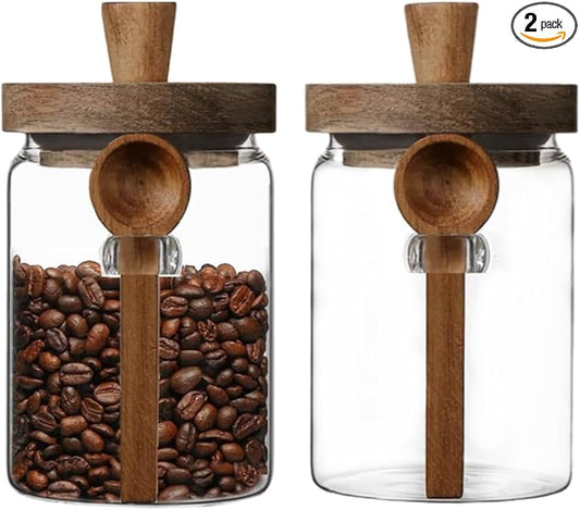 ANSQU Set of 2 Glass Food Storage Jars with Bamboo Wood Lid and Spoon, 20.3oz Glass Kitchen Canisters for Coffee, Tea, Cereal, Spice and Canning, Mason Jars, Gratitude Jar for Mother' Day