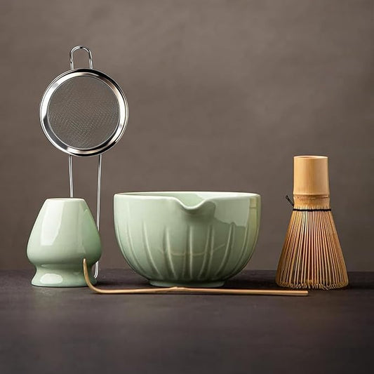 TANG PIN Matcha Set - Match Bowl and Whisk, 15 OZ, Matcha Scoop | Matcha Whisk Stand (Chasen Holder) - 4pc Perfect Matcha Kit for Matcha Tea Ceremony (Green)