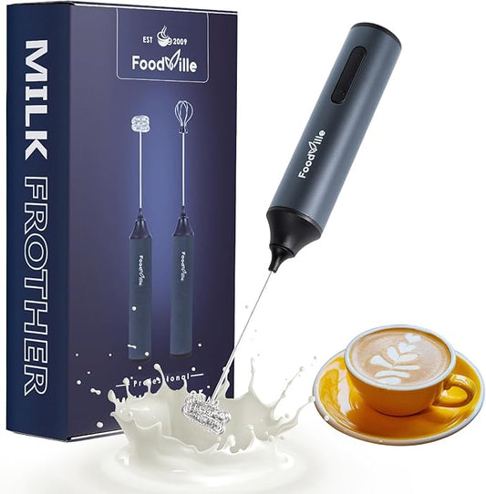FoodVille MF05 Rechargeable Milk Frother USB Charging Handheld Foam Maker with Stainless Balloon Whisk for Cappuccino, Latte, Bulletproof Coffee, Keto (Grey without Stand)