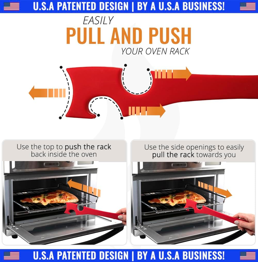 Silicone Oven Rack Push Pull Tool with Longer Handle, Shelf Puller for Air Fryer Toaster Ovens and Kitchen Oven, Stick with Hook Tool for Small Kitchen Appliances, Cool Kitchen Gadgets and Accessories