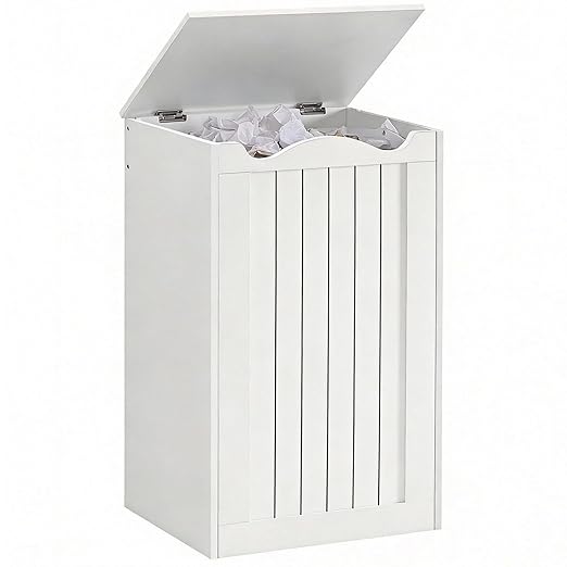 YATINEY Trash Can Cabinet,13 Gallons Hidden Kitchen Garbage Can with Lid, No Inner Bin Needed, Wooden Recycling Trash Bin Cabinet for Kitchen, Living Room White WB05WW