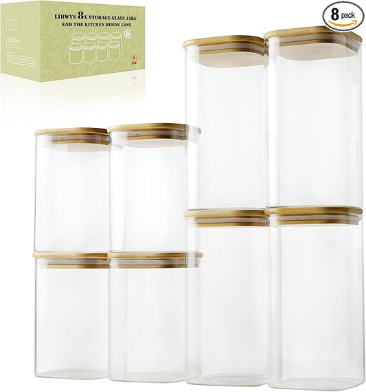 LIBWYS 8-Pack Glass Pantry Storage Containers with Bamboo Lids (1.22Qt/1.67Qt) - Stackable Square Food Jars for Pantry Organization, Coffee, Flour, Snacks, Tea | Kitchen Canisters Set