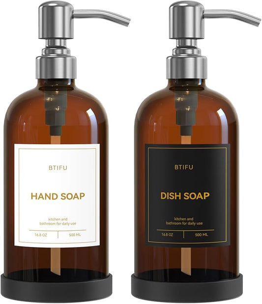 Kitchen Soap Dispenser Set – 16.8oz/500ml Glass Hand and Dish Soap Dispenser with Stainless Steel Pumps & Non-Slip Silicone Base, Luxury Countertop Decor for Home, Airbnb, Spa (Amber & Silver)