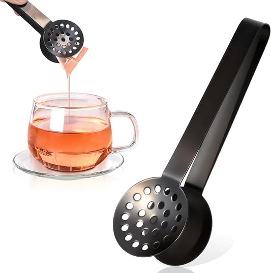 Tea Bag Squeezer Tongs, Stainless Steel Tea Bag Squeezer Tongs, Teabag Filter, Dispenser Accessories for Teas Drinkers, Durable Round Strainer Gripper Picker (Black)