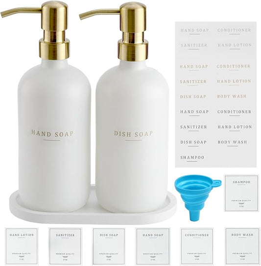 Soap Dispenser Bathroom - Dish and Hand Soap Dispenser Set, Glass Soap Lotion Dispenser with Pump for Kitchen with Tray, Waterproof Labels, 2 Lotion White Bottle/Gold Pump N