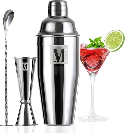24oz Cocktail Shaker Set with 1 oz 2oz Jigger - Monogramm Initials Martini Shaker Set - 304 Stainless Steel Bar Shaker for Margarita,Mojito-Personalized Gift for Friend,Husband-M