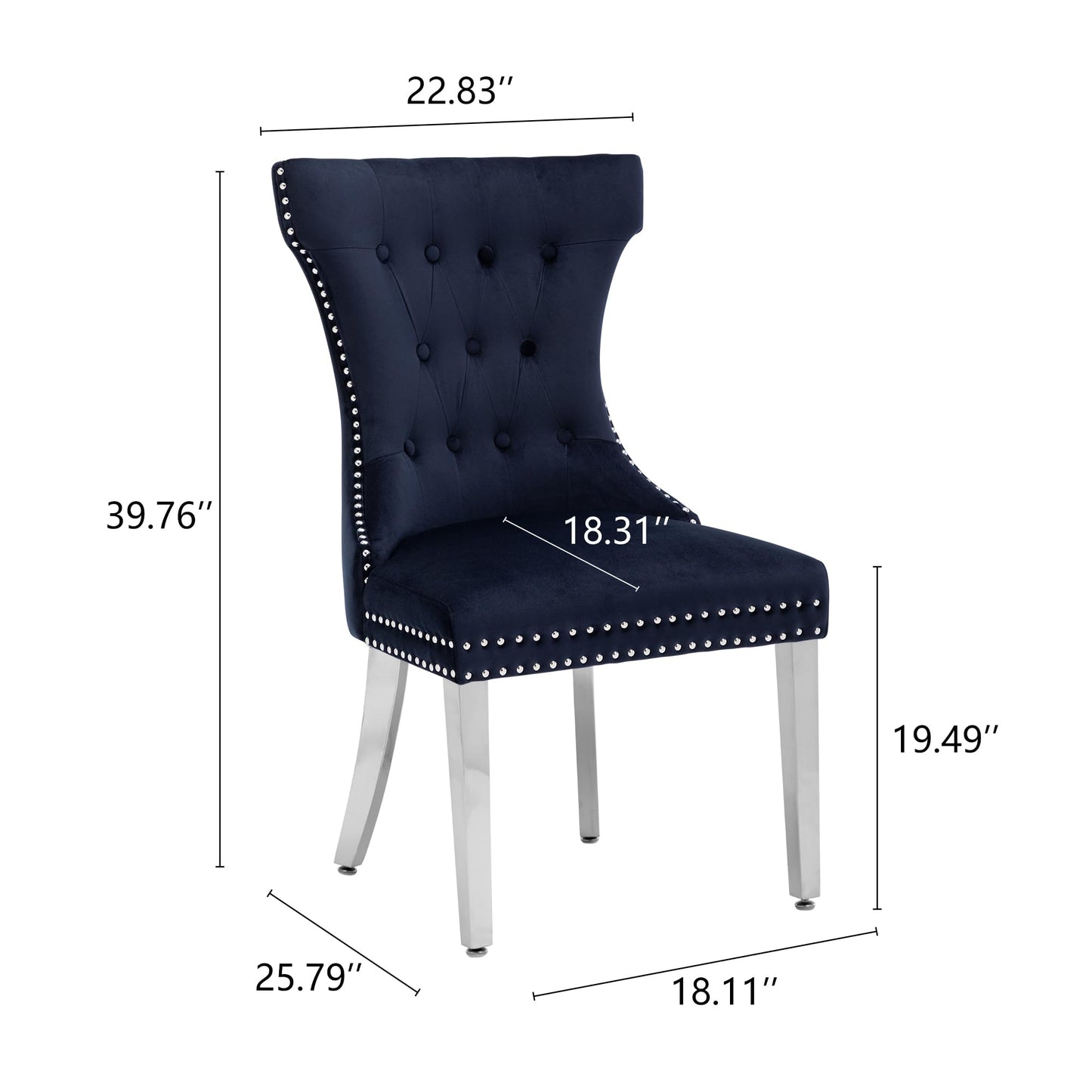 Creek Vista Velvet Dining Chairs Set of 2, Upholstered Dining Room Chair with Stainless Legs, Tufted Kitchen Chair with Button Back and Pull Ring, Dark Blue