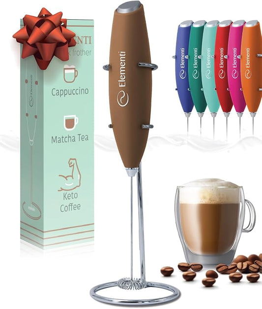 Elementi Coffee Mixer Wand & Drink Mixer with Stand - Powerful Coffee Frother Handheld Milk Frother Wand - Hand Held Milk Foamer to Make Perfect Cappuccinos, Lattes & Drink Mixes at Home (Mocha)