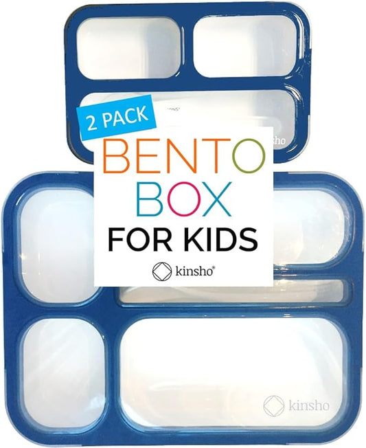 kinsho Bento Lunch-Box Set for Kids Includes Snack Container | 6 and 3 Compartment Boxes Leakproof School Bentos, Meal Portion Control Containers, Boys Girls Adults, Navy Blue Large + MINI 2 Pack Set