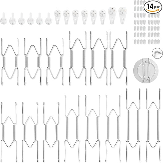 Bilillo 14 pcs Plate Hangers for The Wall, 4/6/8/10/12 Inch Invisible Plates Hangers, Stainless Steel Plate Wall Holders for Display Various Sizes with Hooks for Decorative Silver