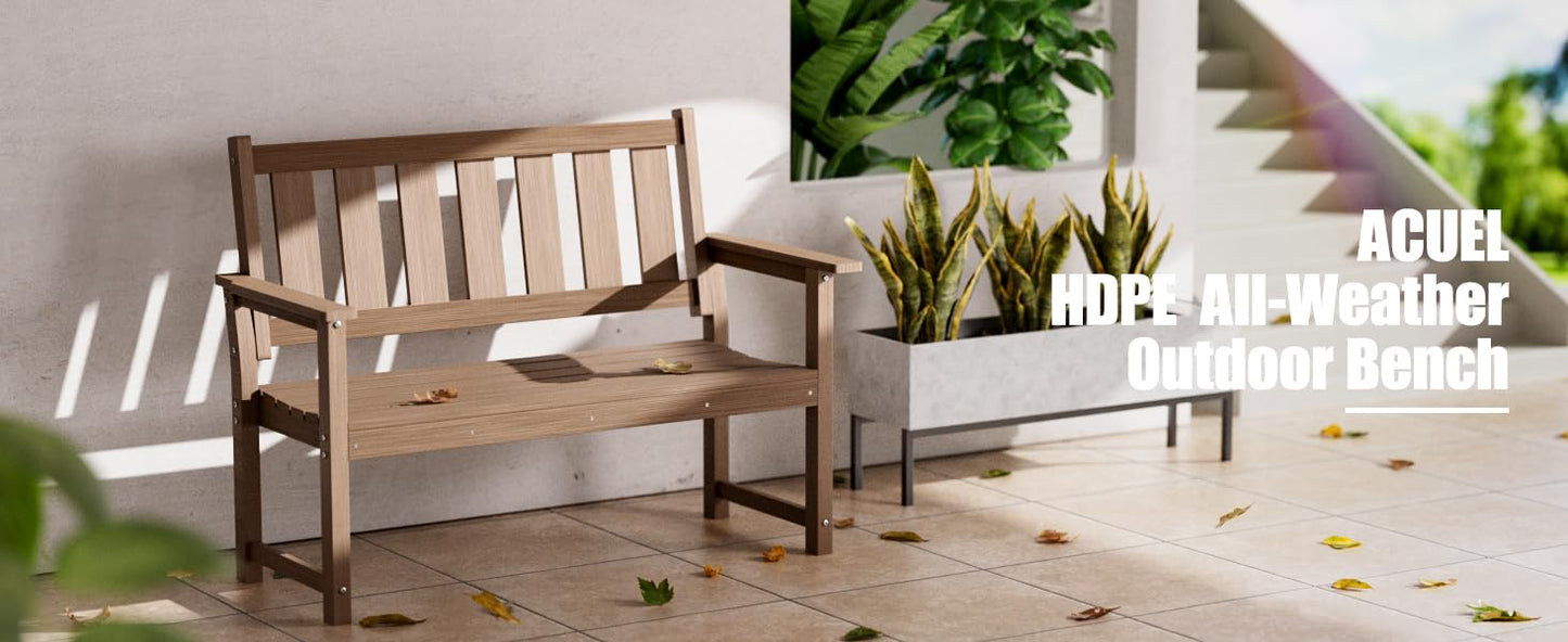 ACUEL HDPE Memorial Bench – 50'' Weatherproof Durable Outdoor Bench, 2-Person Park Bench, Easy to Move, Multi-Purpose Design Ideal for Porch, Patio, Church, and School (Brown)