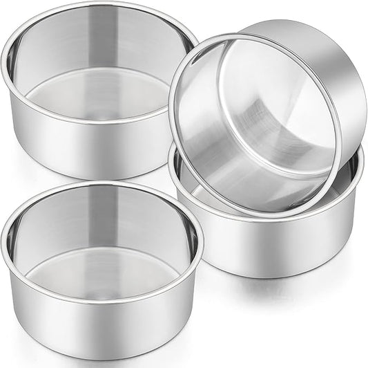 P&P CHEF 6 Inch Cake Pans Set, Round Baking Pan Stainless Steel Layer Birthday Wedding Cake Oven Pans, Non Toxic & Heavy Duty, Deep Side & Mirror Finish, Dishwasher Safe, (4Pcs)