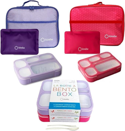 kinsho Lunch Boxes for Boys Teens Adults - Bento Box Set of 2 with Insulated Bag & Ice Pack, 6 Compartment Leak Proof Container, BPA-Free, Microwave Safe, Ideal for School & Work, Pink & Purple