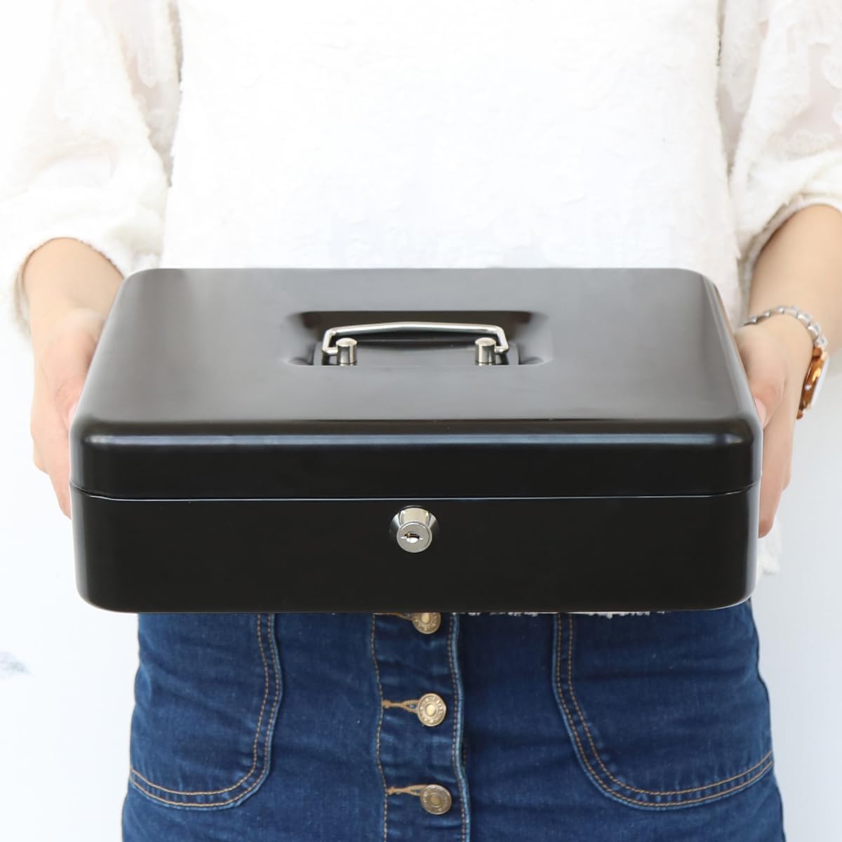 Jssmst Locking Cash Box with Money Tray and Lock, Money Lock Box with Coin Lid, 11.8L x 9.5W x 3.5H Inches, Safe Money Box with Key Lock, Black, SM-CB0511B
