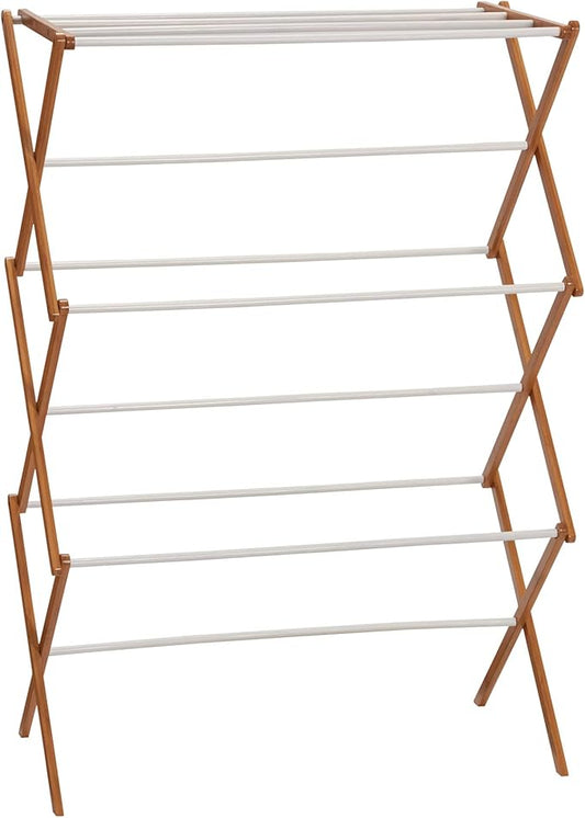 Household Essentials Bamboo Folding Clothes Drying Rack | White Finish, 11 Dowels & Flat Drying Shelf | Eco-Friendly, Collapsible Laundry Rack for Dorms, Apartments & Small Spaces | Fully Assembled