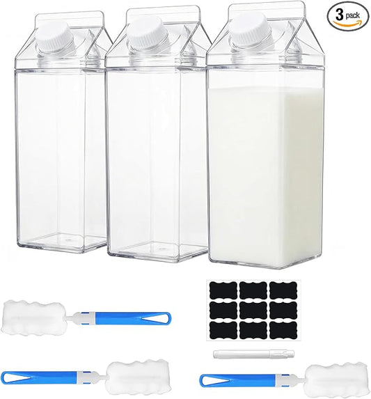 3 Pcs 64 Oz Large Clear Milk Carton Container with Brushes Labels and Pen Square Plastic Milk Water Bottle for Outdoor Camping or Climbing Tour