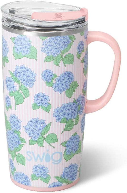 Swig Life 22oz Travel Mug, Insulated Tumbler with Handle and Lid, Travel Coffee Mug, Cup Holder Friendly, Stainless Steel 22 oz Tumbler, Reusable Insulated with Lid (Hydrangeas)