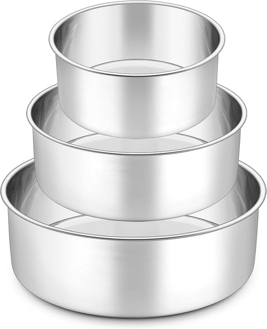 P&P CHEF 6 + 8 + 9.5 Inch Cake Pans Set, Round Baking Pan Stainless Steel Layer Birthday Wedding Cake Oven Pans, Non Toxic & Heavy Duty, Deep Side & Mirror Finish, Dishwasher Safe, (3Pcs)