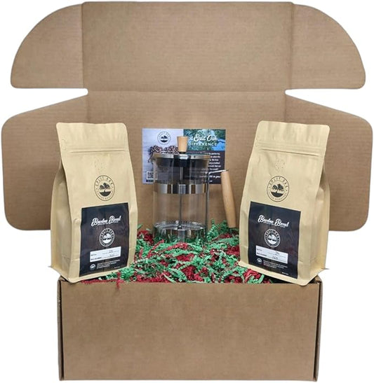 Gift Set for men and women with 2 Pack Organic Bourbon Barrel Aged Whole Beans Roasted Coffee + 1 French Press.