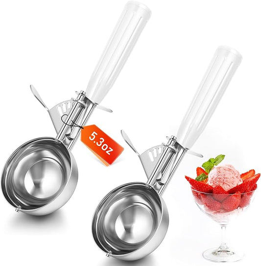 Reallnaive 2 Pcs Release Cookie Scoops Ice Cream Scooper with Trigger Release Portion Scoop Stainless Steel for Portion Control, Baking Food, Cookie Dough (5.3 oz,White)