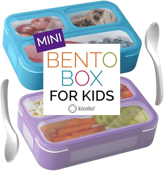 Small Snack Containers for Kids Toddlers - 3 Compartments (Set of 2) - Leak-Proof Boxes with Lids - BPA-Free Plastic Mini Bento Lunch Box - Ideal for School, Daycare, Holds 2 Cups (Purple + Blue)